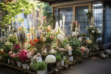 Floral arrangements on Japanese grave and flower standsの素材