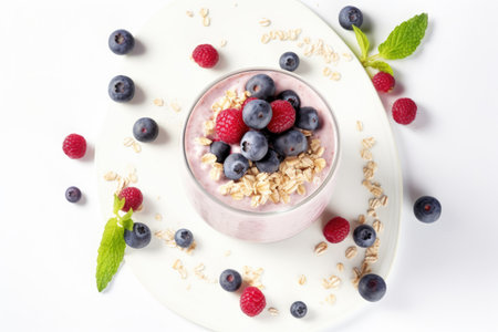 Healthy breakfast with muesli acai blueberry smoothie fruits Top viewの素材
