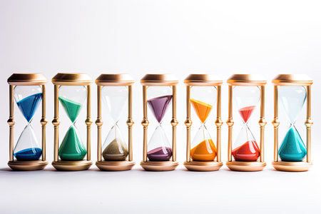 Hourglasses arranged on a white backdropの素材