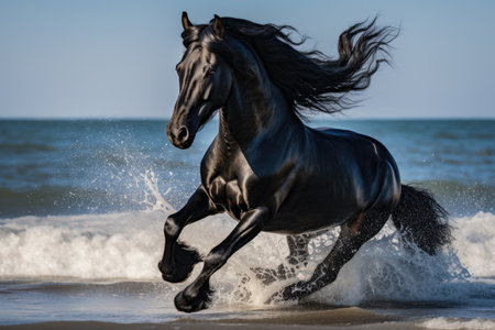 Friesian horse gallops on water near the coastの素材