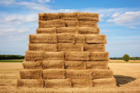 Hay and straw stacks in the Danish countryside during harvest time serving as animal feed with a pyrの素材