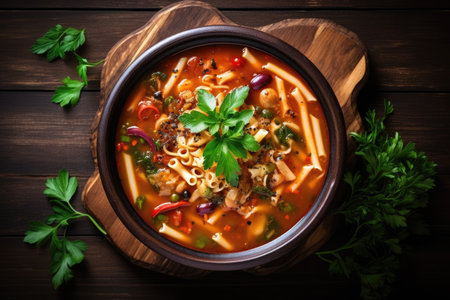 Italian vegetable soup with pasta on table Top viewの素材