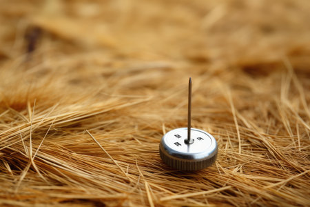Magnetic needle placed on background of hayの素材