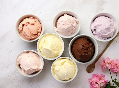 Marble background with ice cream ingredients viewed from aboveの素材