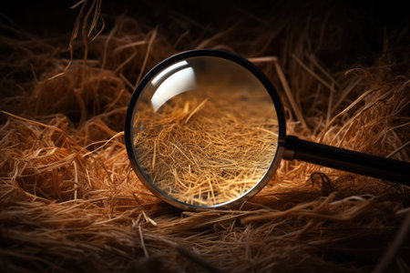 Magnifying glass and needles lost in haystackの素材