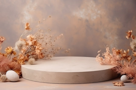 Natural beige cosmetic products displayed on a stone podium with dry flowers in frontの素材