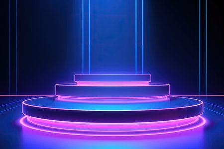 Neon lit podiums against abstract backdrop showcasing products with modern geometric designsの素材