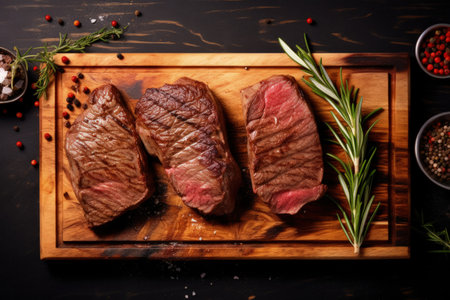 Newly cooked beef steaks seasoned with rosemary spices and tomato paste on a chic board Overhead perの素材