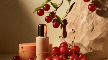 Nourishing beauty products with fruit extract and cherry flavor along with lipstick vitamin serum anの素材
