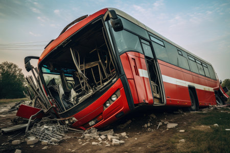 Public transport accidents often result in buses being damaged and overturnedの素材