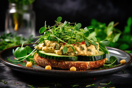 Plant based diet concept featuring vegan chickpea burgers with arugula pickled cucumbers and hummusの素材