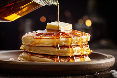 Selective focus on a stack of fresh pancakes with thick maple syrup and butter in the backgroundの素材