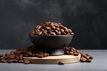 Roasted coffee beans on gray stone pedestalの素材