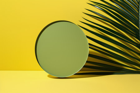 Stylish circle with palm leaf shadow on bright background showcasing productsの素材