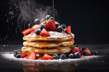 Sugar strawberries and blueberries atop levitating homemade pancakes with a dark textureの素材