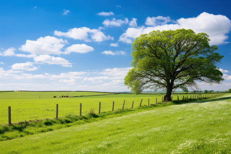 Sunny English countryside in Dorset during summer featuring green fields scattered trees wildflowersの素材