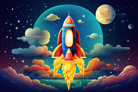 Successful space mission and rocket takeoff with new shuttle into the starry skyの素材