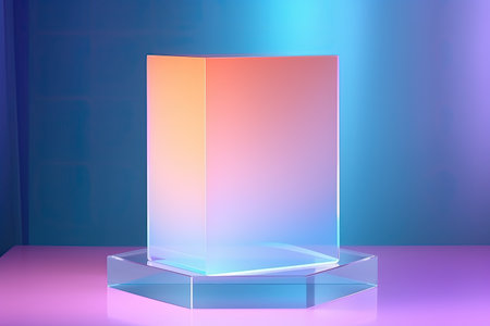 Stylish geometric shapes display products on a colorful gradient backdrop using a cube podium and acの素材