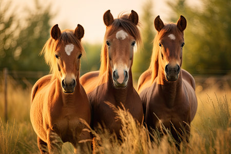 Three young horses on the fieldの素材