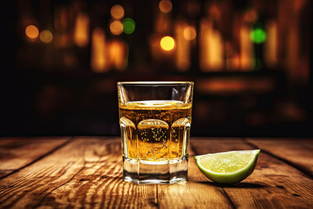 Tequila shot in a glass on a wooden table Blurry background Rustic bar vibeの素材