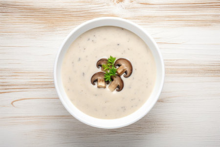Top view of mushroom cream soup on a white wooden boardの素材