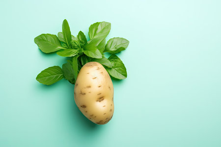 Top view of young potato on mint background in a flat layの素材