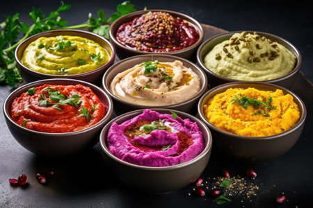 Various vibrant hummus bowls with a variety of dips such as traditional herb infused and beetroot huの素材
