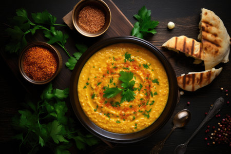 Traditional vegan Middle Eastern lentil soup viewed from above popular during Ramadanの素材