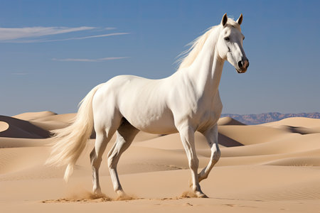 White purebred Arabian horse in desertの素材