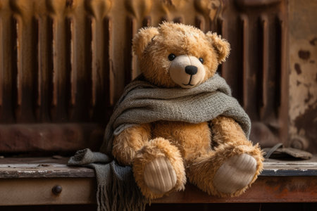 Winter themed photo of a generic teddy bear named Bob alongside mittens drying on an old cast iron rの素材