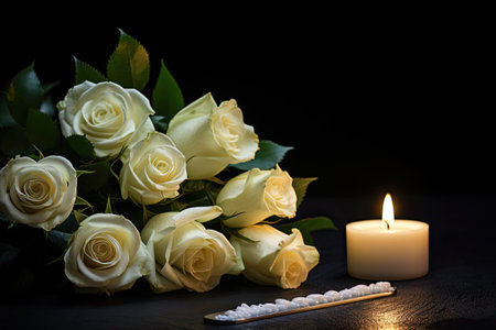 White roses and a burning candle on a dark background Funeral flowers and a candle on a table againsの素材