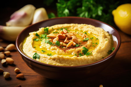 Popular in the Middle East and Mediterranean close up on hummus made with mashed beans tahini oliveの素材