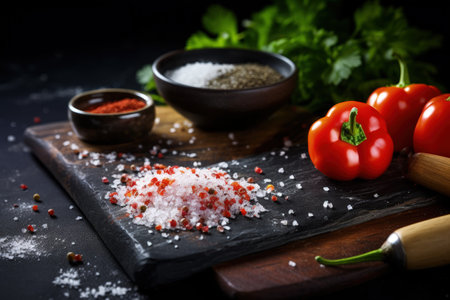 Peppers being shredded with cooking tools on a black table with free space and sharp salt shakerの素材