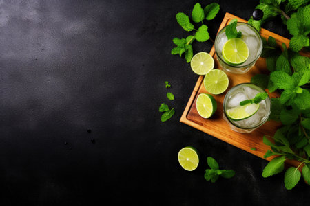 Prepare mojito with lime and mint Tools nearby with lime slices on cutting board top viewの素材