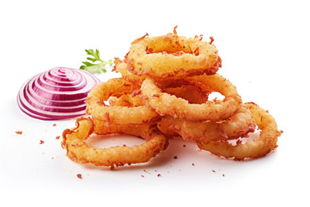 Red onion rings on a plain white surfaceの素材