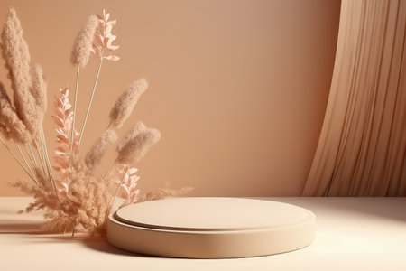 Round podium mockup with beige pastel background dry flowers and light serving as a pedestal platforの素材