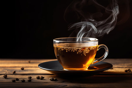 Pour hot tea into a teacup on an old wooden table with soft sunlight in a warm atmosphereの素材