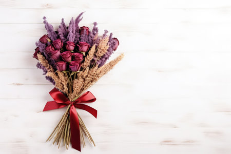 Purple and red dried flowers tied with a burgundy ribbon on white backgroundの素材