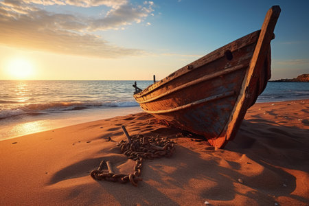 Rusty anchor on sandy beach sea and golden sunlightの素材