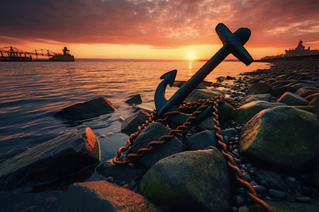 River sunset with a metal anchor ashoreの素材