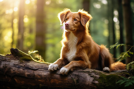 Red Nova Scotia Duck Tolling Retriever photographed in a forest sitting on a logの素材