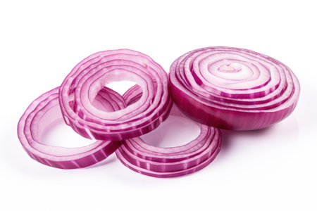 Red onion rings on white backgroundの素材