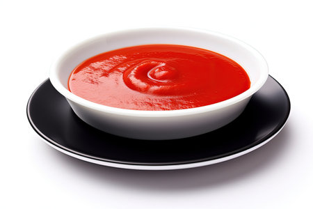 Red sauce isolated on white background on black saucerの素材