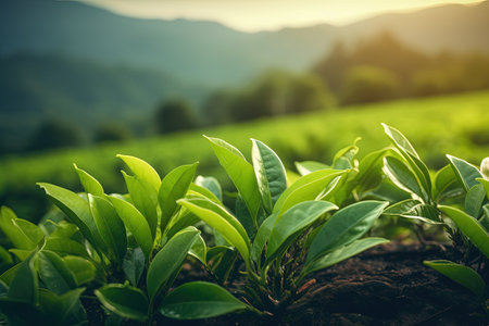 Tea plantations with new tea buds and leavesの素材