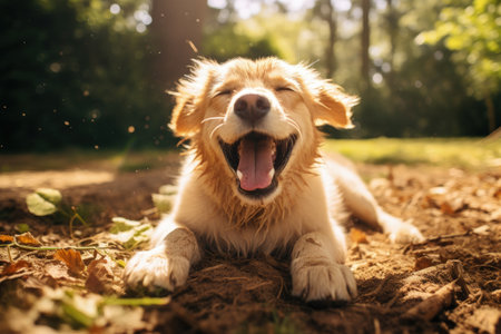 Smiling dog plays outdoorsの素材