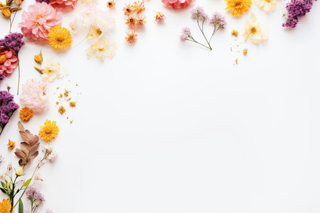 Text space available for beautiful fresh and dry flowers on a white background in a flat layの素材