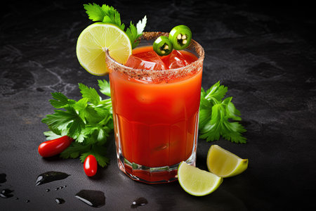 Tomato based cocktail with spicy ingredients vodka and green garnish served on a stone background viの素材