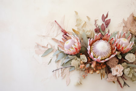 Stunning flat lay floral arrangement with dried pink King Proteas and thryptomene flowers on a whiteの素材