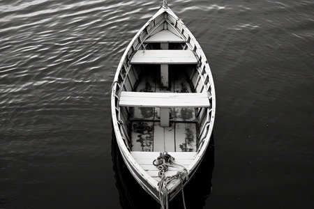 Top down black and white photo of a small row boat moored in portの素材