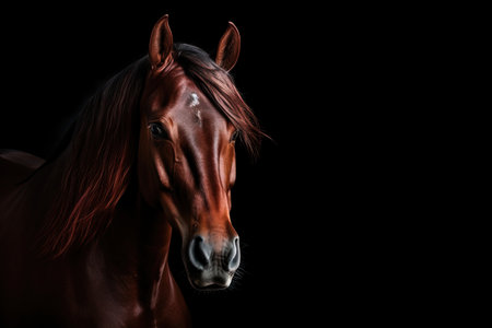 Stunning red horse portrait against black backdropの素材